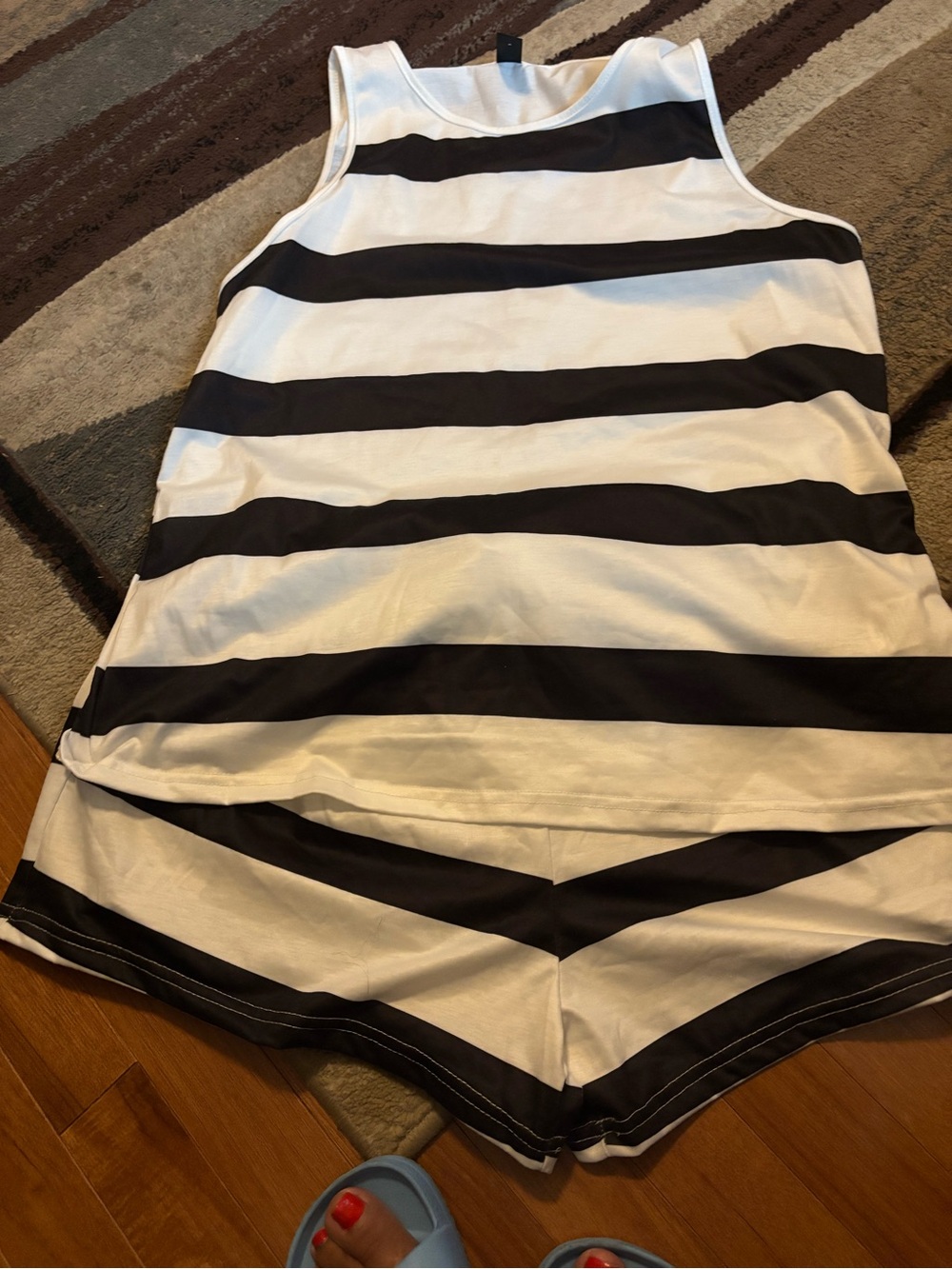 Striped Black and White Sleeveless Tank and Shorts Set